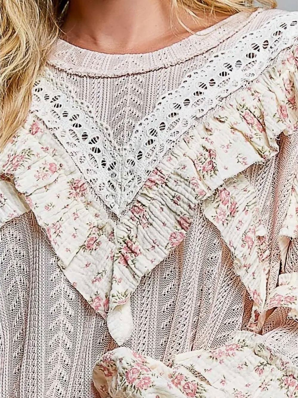 NEW Curated POL SET : Romantic Pink Floral Lace Ruffle Top & Cream Lace Pant - Picture 7 of 9